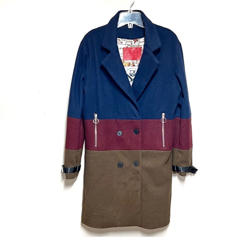 NWT Hudson Outerwear Color Block Double Breasted Coat Womens M